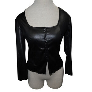 Vintage Wards Black Shiny Button Front Top – Faux Leather Look – Square Neck – S
